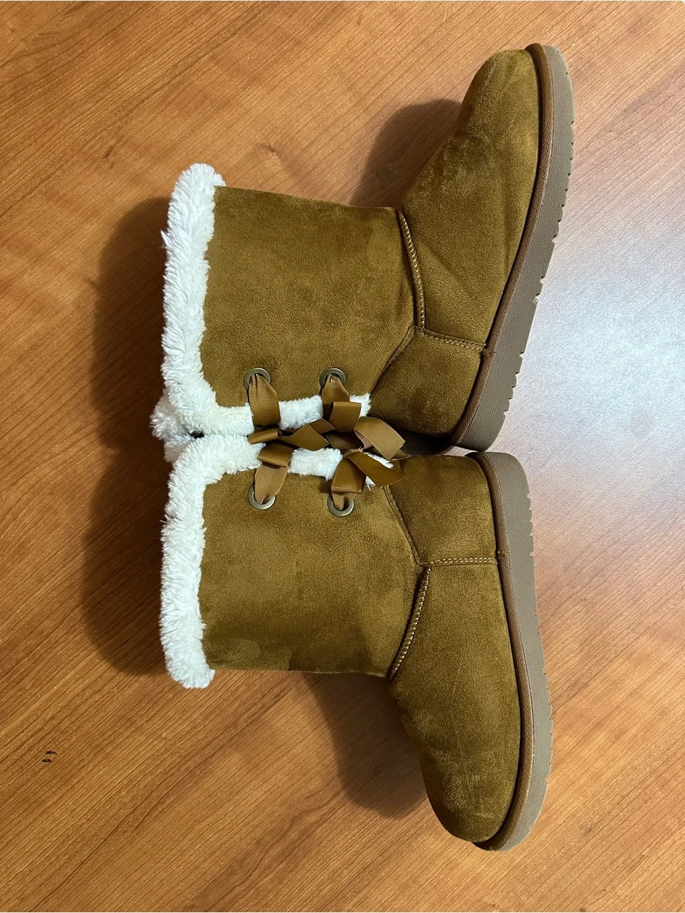 Women’s Faux-Suede Winter Boots in Tan with Plush Cream Lining